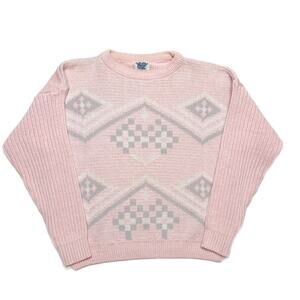 62 East Vintage Geometric Sweater Pink Knit Long Sleeve Women's Medium Retro 80s